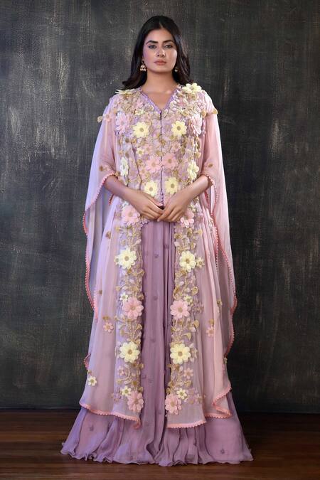 Buy Preeti Jhawar Purple Organza, Georgette, Handloom Cotton Floral Embroidered Cape Lehenga Set Online at Aza Fashions Buy_Preeti Jhawar_Purple Organza, Georgette, Handloom Cotton Floral Embroidered Cape Lehenga Set _Online_at_Aza_Fashions