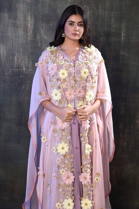 Shop Preeti Jhawar Purple Organza, Georgette, Handloom Cotton Floral Embroidered Cape Lehenga Set Online at Aza Fashions Shop_Preeti Jhawar_Purple Organza, Georgette, Handloom Cotton Floral Embroidered Cape Lehenga Set _Online_at_Aza_Fashions