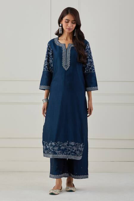 Buy Priya Chaudhary Blue Chanderi Silk Sequins, Thread Work Round Notched Embroidered Kurta Set Online at Aza Fashions Buy_Priya Chaudhary_Blue Chanderi Silk Sequins, Thread Work Round Notched Embroidered Kurta Set _Online_at_Aza_Fashions