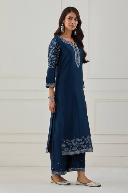 Priya Chaudhary Blue Chanderi Silk Thread Work Round Notched Embroidered Kurta And Pant Set Online at Aza Fashions Priya Chaudhary_Blue Chanderi Silk Thread Work Round Notched Embroidered Kurta And Pant Set _Online_at_Aza_Fashions