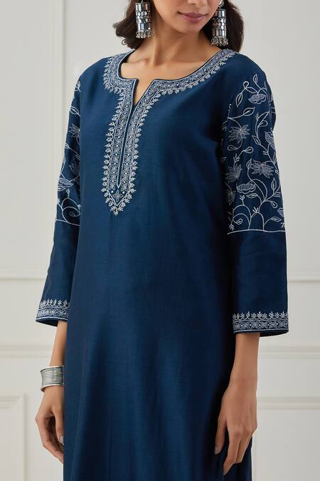 Buy Priya Chaudhary Blue Chanderi Silk Thread Work Round Notched Embroidered Kurta And Pant Set Online at Aza Fashions Buy_Priya Chaudhary_Blue Chanderi Silk Thread Work Round Notched Embroidered Kurta And Pant Set _Online_at_Aza_Fashions