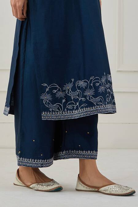 Shop Priya Chaudhary Blue Chanderi Silk Thread Work Round Notched Embroidered Kurta And Pant Set Online at Aza Fashions Shop_Priya Chaudhary_Blue Chanderi Silk Thread Work Round Notched Embroidered Kurta And Pant Set _Online_at_Aza_Fashions
