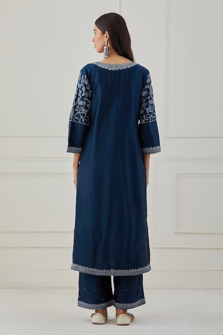 Shop Priya Chaudhary Blue Chanderi Silk Thread Work Round Notched Embroidered Kurta at Aza Fashions Shop_Priya Chaudhary_Blue Chanderi Silk Thread Work Round Notched Embroidered Kurta _at_Aza_Fashions