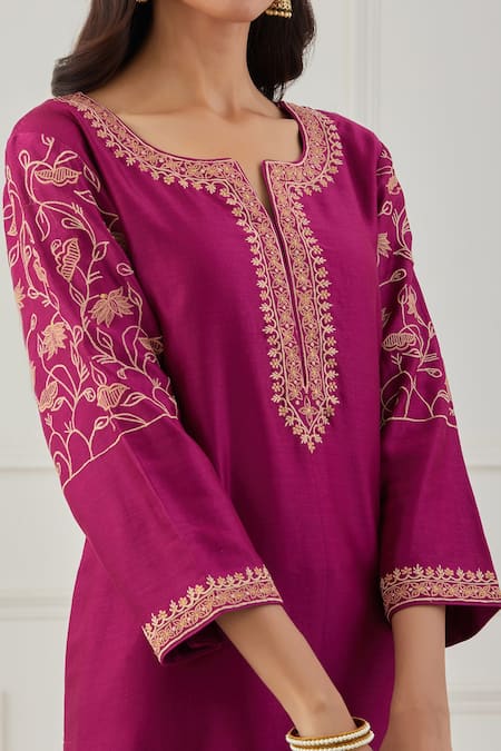 Buy Priya Chaudhary Pink Chanderi Silk Thread Work Round Notched Embroidered Kurta And Pant Set Online at Aza Fashions Buy_Priya Chaudhary_Pink Chanderi Silk Thread Work Round Notched Embroidered Kurta And Pant Set _Online_at_Aza_Fashions