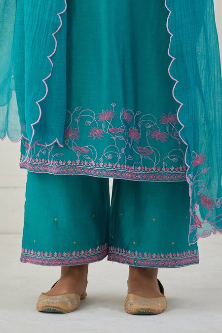 Priya Chaudhary_Blue Chanderi Silk Sequins, Thread Work Round Notched Embroidered Kurta Set _at_Aza_Fashions