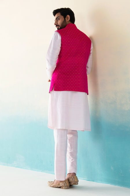 Shop Weaver Story Pink Handloom Katan Silk Zari Work Banarasi Woven Nehru Jacket at Aza Fashions Shop_Weaver Story_Pink Handloom Katan Silk Zari Work Banarasi Woven Nehru Jacket _at_Aza_Fashions