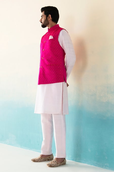 Weaver Story Pink Handloom Katan Silk Zari Work Banarasi Woven Nehru Jacket Online at Aza Fashions Weaver Story_Pink Handloom Katan Silk Zari Work Banarasi Woven Nehru Jacket _Online_at_Aza_Fashions