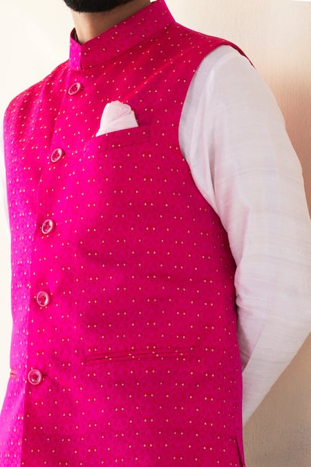 Buy Weaver Story Pink Handloom Katan Silk Zari Work Banarasi Woven Nehru Jacket Online at Aza Fashions Buy_Weaver Story_Pink Handloom Katan Silk Zari Work Banarasi Woven Nehru Jacket _Online_at_Aza_Fashions