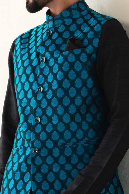 Buy_Weaver Story_Blue Handloom Tanchoi Silk Zari Work Banarasi Woven Nehru Jacket _Online_at_Aza_Fashions
