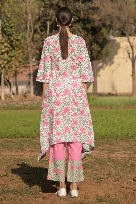 Shop Marche White Cotton Floral Print Round Notched Gardenia Kurta And Pant Set at Aza Fashions Shop_Marche_White Cotton Floral Print Round Notched Gardenia Kurta And Pant Set_at_Aza_Fashions