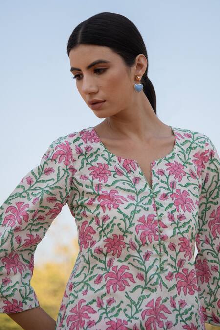 Shop Marche White Cotton Floral Print Round Notched Gardenia Kurta And Pant Set Online at Aza Fashions Shop_Marche_White Cotton Floral Print Round Notched Gardenia Kurta And Pant Set_Online_at_Aza_Fashions