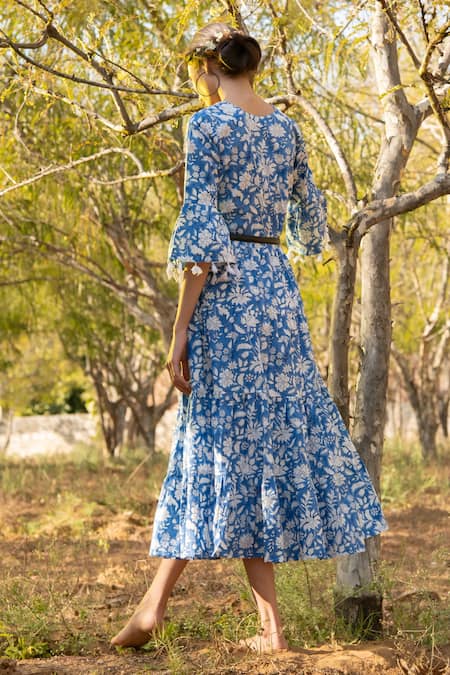 Shop_Marche_Blue Cotton Printed Floral V Neck Dress_at_Aza_Fashions