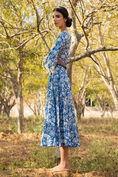 Marche_Blue Cotton Printed Floral V Neck Dress_Online_at_Aza_Fashions