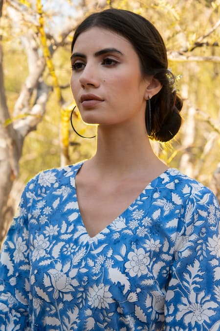Buy_Marche_Blue Cotton Printed Floral V Neck Dress_Online_at_Aza_Fashions