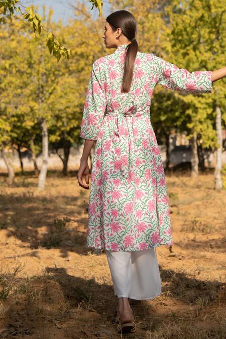 Shop Marche White Cotton Floral Print V Neck Gardenia Angrakha Kurta And Palazzo Set at Aza Fashions Shop_Marche_White Cotton Floral Print V Neck Gardenia Angrakha Kurta And Palazzo Set_at_Aza_Fashions