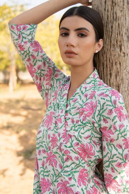 Shop Marche White Cotton Floral Print V Neck Gardenia Angrakha Kurta And Palazzo Set Online at Aza Fashions Shop_Marche_White Cotton Floral Print V Neck Gardenia Angrakha Kurta And Palazzo Set_Online_at_Aza_Fashions