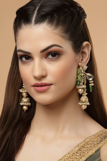 Shop Dugran By Dugristyle Gold Plated Pearls, Applique, Diamonds, Stones Kundan Embellished Earrings at Aza Fashions Shop_Dugran By Dugristyle_Gold Plated Pearls, Applique, Diamonds, Stones Kundan Embellished Earrings _at_Aza_Fashions