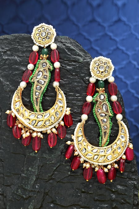 Dugran By Dugristyle_Gold Plated Pearls, Gota Patti, Stones Drop Chandbalis _Online_at_Aza_Fashions