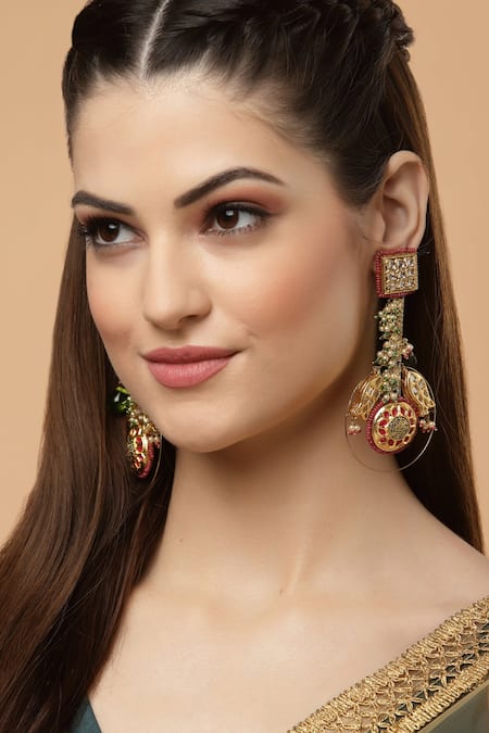 Shop Dugran By Dugristyle Gold Plated Pearls, Crystals, Stones Kundan Embellished Earrings at Aza Fashions Shop_Dugran By Dugristyle_Gold Plated Pearls, Crystals, Stones Kundan Embellished Earrings _at_Aza_Fashions