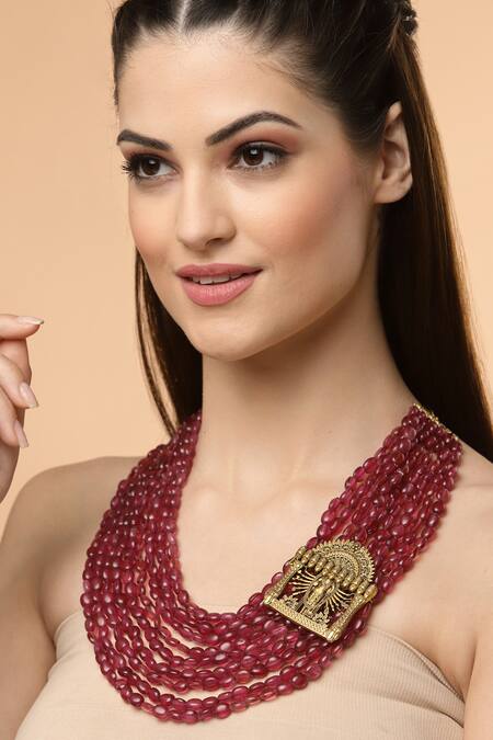 Shop_Dugran By Dugristyle_Gold Plated Stone Embellished Layered Necklace _at_Aza_Fashions
