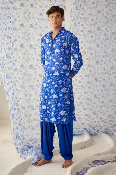 Baise Gaba_Blue Kurta - Cotton Georgette, Salwar - Satin Silk Floral Mudra Printed Set_Online_at_Aza_Fashions
