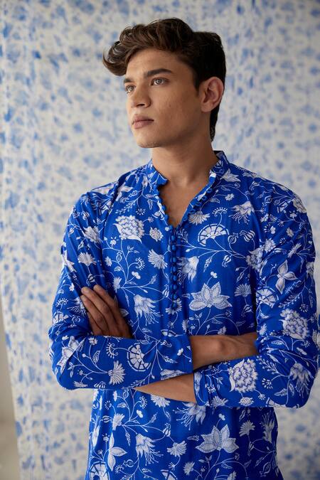 Buy_Baise Gaba_Blue Kurta - Cotton Georgette, Salwar - Satin Silk Floral Mudra Printed Set_Online_at_Aza_Fashions