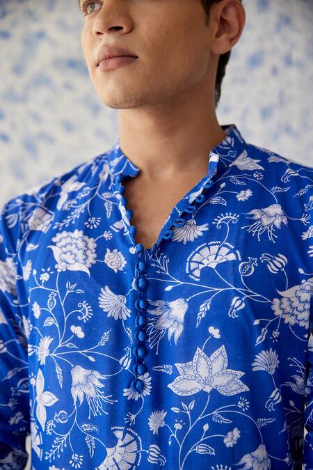 Shop_Baise Gaba_Blue Kurta - Cotton Georgette, Salwar - Satin Silk Floral Mudra Printed Set_Online_at_Aza_Fashions