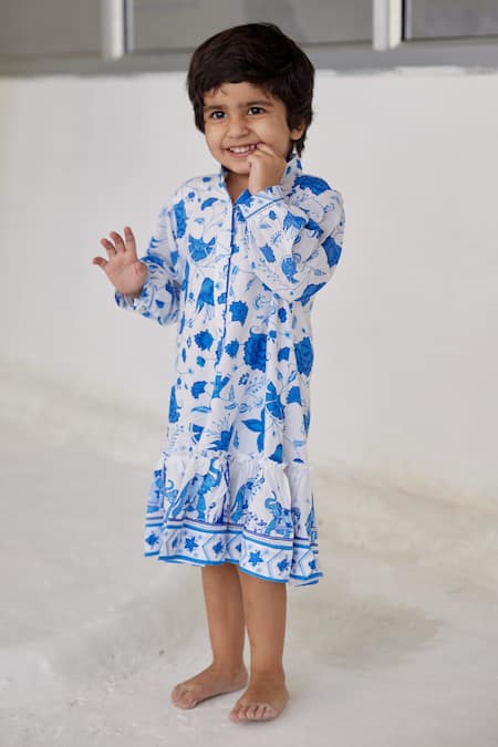 Baise Gaba Blue Cotton Modal Printed Floral Sema Shirt Dress 