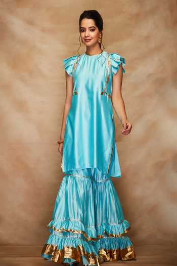 Gulabo By Abu Sandeep_Blue Ruffle Sleeve Gota Kurta _Online_at_Aza_Fashions