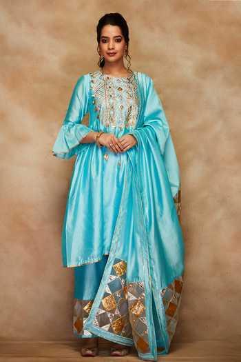Gulabo By Abu Sandeep Blue Gota Embroidered Gathered Kurta Online at Aza Fashions Gulabo By Abu Sandeep_Blue Gota Embroidered Gathered Kurta _Online_at_Aza_Fashions
