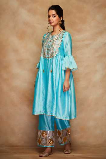 Buy Gulabo By Abu Sandeep Blue Gota Embroidered Gathered Kurta Online at Aza Fashions Buy_Gulabo By Abu Sandeep_Blue Gota Embroidered Gathered Kurta _Online_at_Aza_Fashions