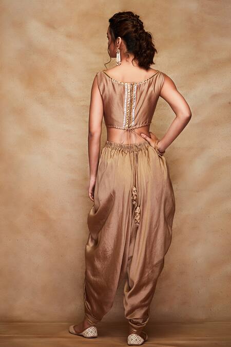 Shop_Gulabo By Abu Sandeep_Gold Chanderi Silk Gota Crop Top _at_Aza_Fashions