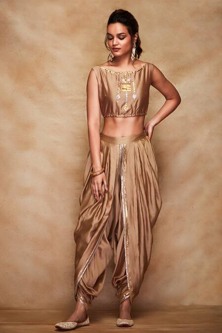 Buy_Gulabo By Abu Sandeep_Gold Chanderi Silk Gota Crop Top _Online_at_Aza_Fashions