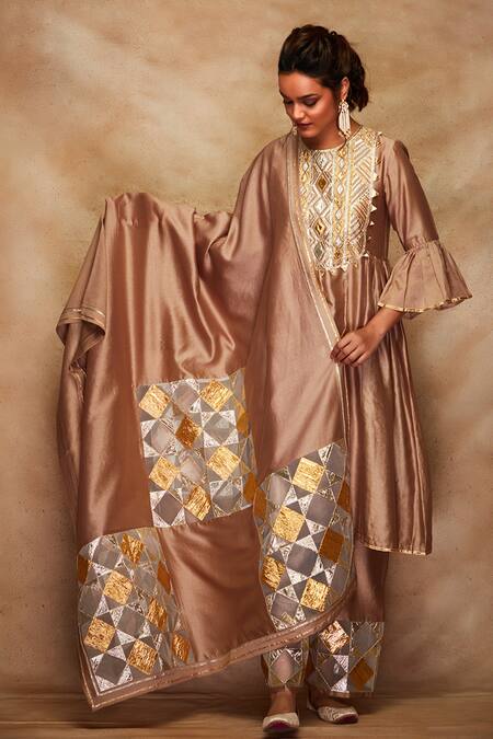 Gulabo By Abu Sandeep_Gold Pure Chanderi Silk Net Bordered Gota Dupatta_Online_at_Aza_Fashions