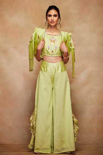 Gulabo By Abu Sandeep Green Chanderi Silk Ruffled Sharara Online at Aza Fashions Gulabo By Abu Sandeep_Green Chanderi Silk Ruffled Sharara _Online_at_Aza_Fashions