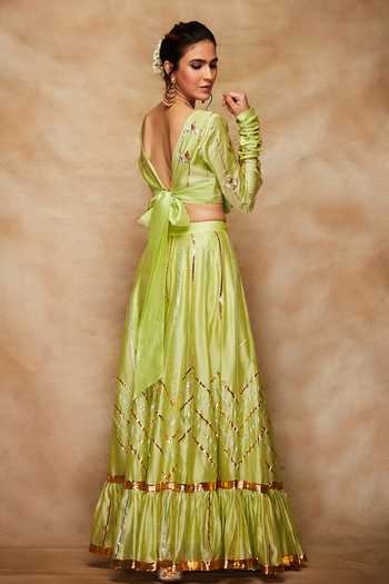 Buy Gulabo By Abu Sandeep Green Chanderi Silk Gathered Sleeve Blouse Online at Aza Fashions Buy_Gulabo By Abu Sandeep_Green Chanderi Silk Gathered Sleeve Blouse _Online_at_Aza_Fashions