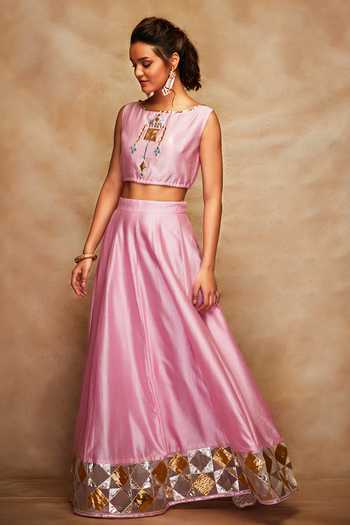 Gulabo By Abu Sandeep Chanderi Silk Gota Work Crop Top 