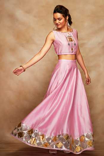 Gulabo By Abu Sandeep Pink Chanderi Silk Gota Work Crop Top Online at Aza Fashions Gulabo By Abu Sandeep_Pink Chanderi Silk Gota Work Crop Top _Online_at_Aza_Fashions