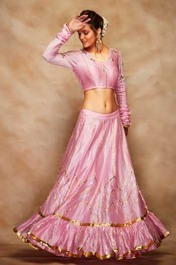 Gulabo By Abu Sandeep Pink Chanderi Silk Gathered Sleeve Blouse Online at Aza Fashions Gulabo By Abu Sandeep_Pink Chanderi Silk Gathered Sleeve Blouse _Online_at_Aza_Fashions