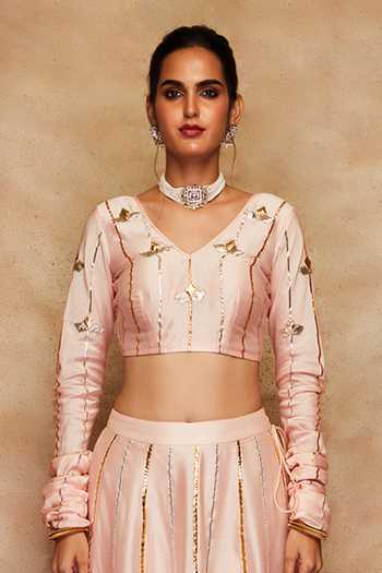 Shop Gulabo By Abu Sandeep Peach Chanderi Silk Gathered Sleeve Blouse Online at Aza Fashions Shop_Gulabo By Abu Sandeep_Peach Chanderi Silk Gathered Sleeve Blouse _Online_at_Aza_Fashions