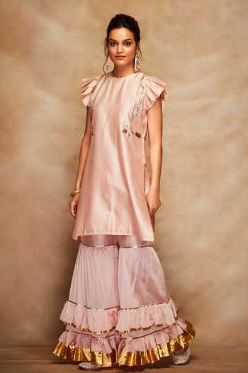 Gulabo By Abu Sandeep Peach Chanderi Silk Gota Work Gharara Online at Aza Fashions Gulabo By Abu Sandeep_Peach Chanderi Silk Gota Work Gharara _Online_at_Aza_Fashions