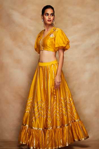 Buy_Gulabo By Abu Sandeep_Yellow Chanderi Silk Gota Work Blouse _Online_at_Aza_Fashions