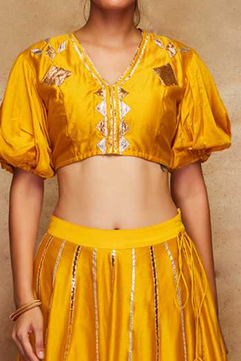 Shop_Gulabo By Abu Sandeep_Yellow Chanderi Silk Gota Work Blouse _Online_at_Aza_Fashions