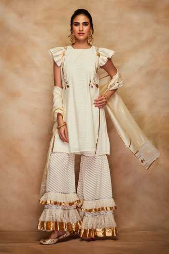 Buy_Gulabo By Abu Sandeep_White Ruffle Sleeve Gota Kurta _Online_at_Aza_Fashions