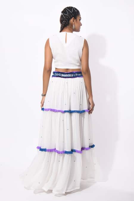 Shop K-Anshika White Georgette Shibori, Thread Work High Neck Embroidered Tiered Skirt Set at Aza Fashions Shop_K-Anshika_White Georgette Shibori, Thread Work High Neck Embroidered Tiered Skirt Set _at_Aza_Fashions
