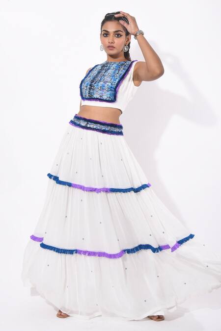 K-Anshika White Georgette Shibori, Thread Work High Neck Embroidered Tiered Skirt Set Online at Aza Fashions K-Anshika_White Georgette Shibori, Thread Work High Neck Embroidered Tiered Skirt Set _Online_at_Aza_Fashions