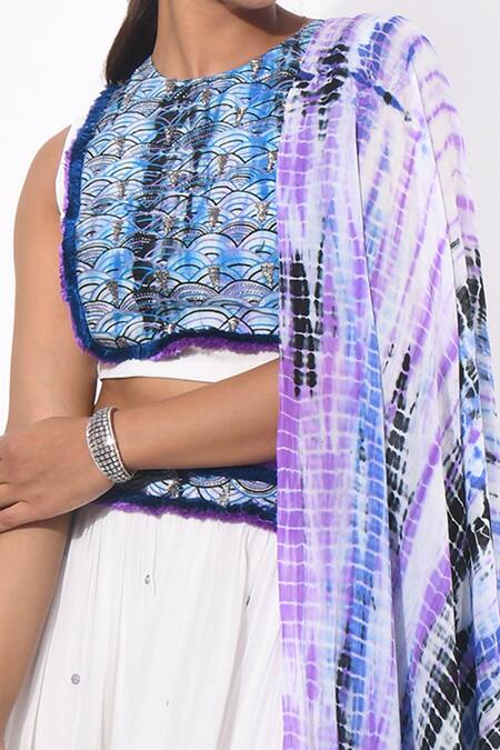 Shop K-Anshika White Georgette Shibori, Thread Work High Neck Embroidered Tiered Skirt Set Online at Aza Fashions Shop_K-Anshika_White Georgette Shibori, Thread Work High Neck Embroidered Tiered Skirt Set _Online_at_Aza_Fashions