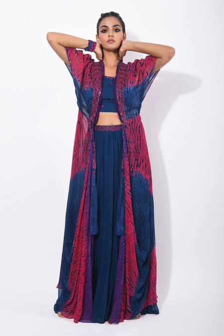 K-Anshika_Blue Georgette, Satin Shibori, Thread Work Jacket Sharara Set_Online_at_Aza_Fashions