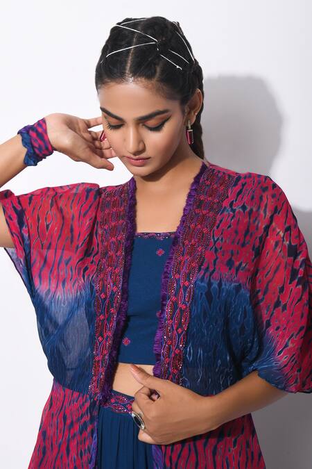 Buy_K-Anshika_Blue Georgette, Satin Shibori, Thread Work Jacket Sharara Set_Online_at_Aza_Fashions