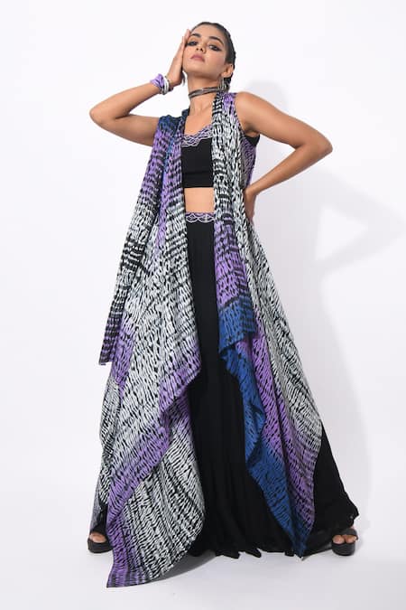 k-anshika Black Georgette Embroidered Thread Work Shibori Jacket Skirt Set 